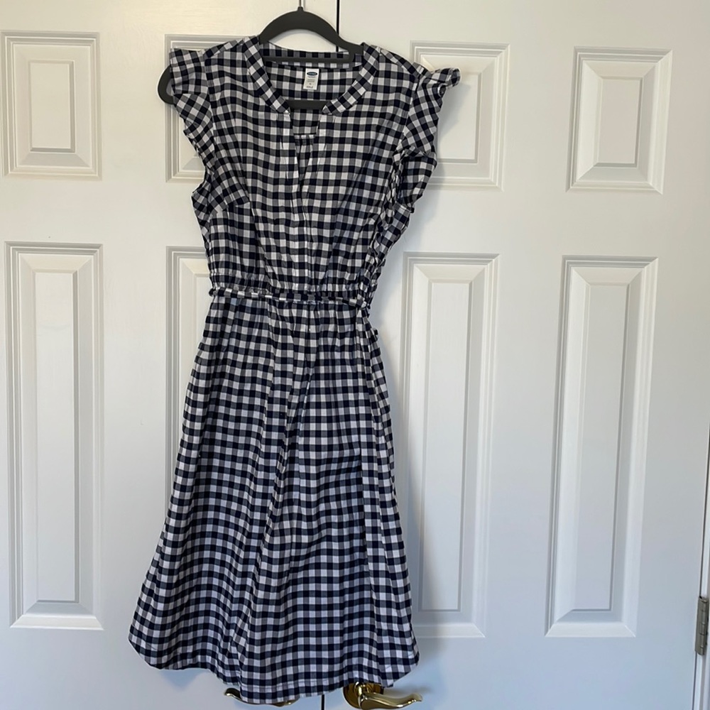 Navy gingham maternity dress
